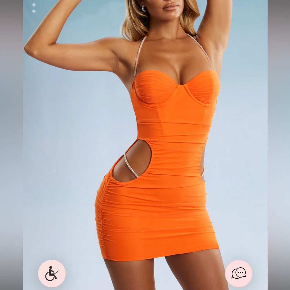Embellished Strap Cut Out Mini Dress in Orange